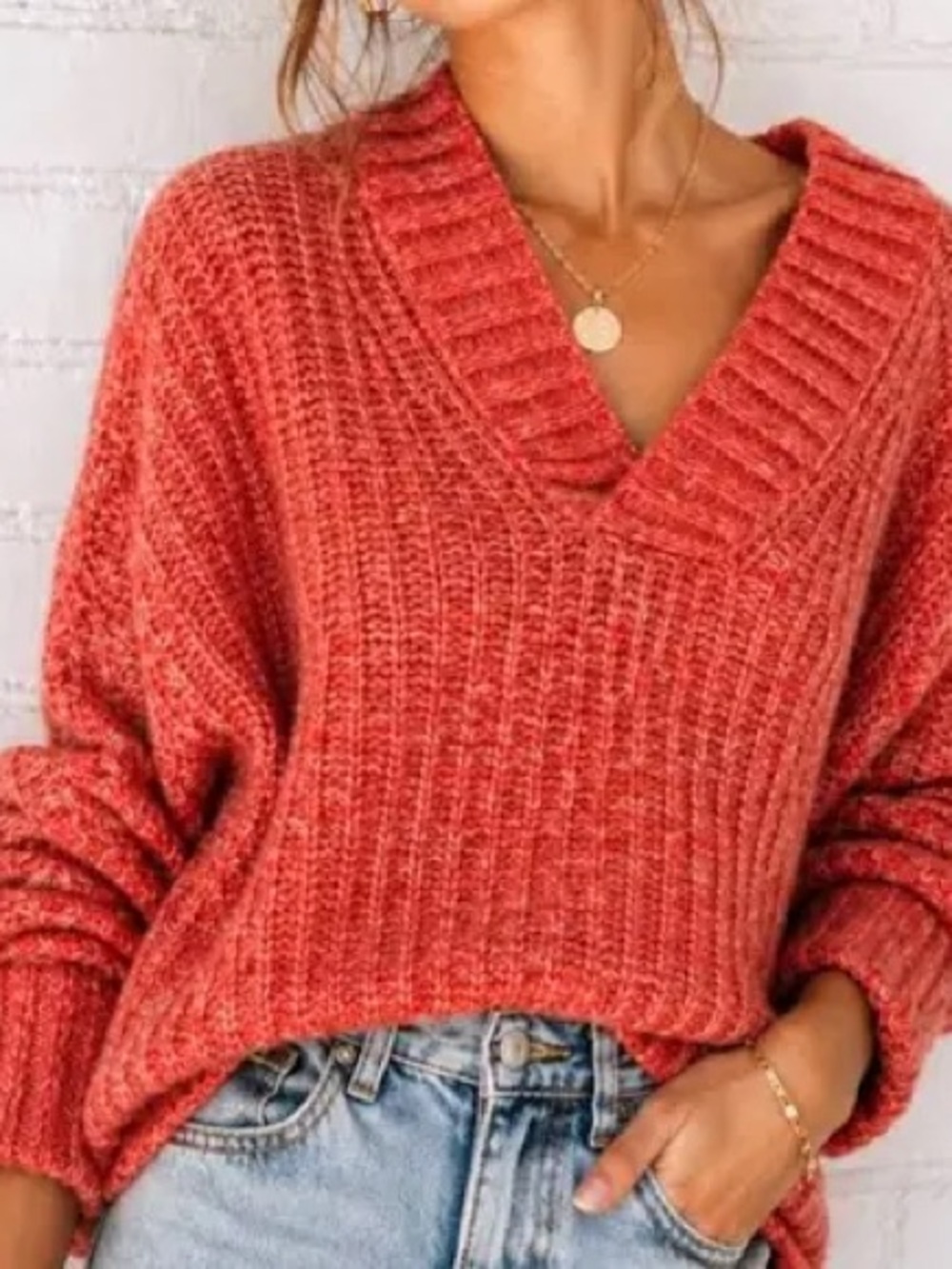 Anthropologie Coral-Rust V-Neck Ribbed Sweater Size:XS